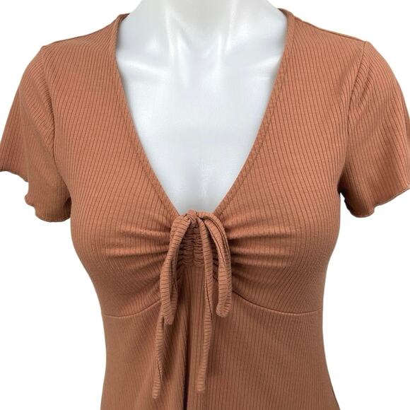 Nordstrom BP Brown Rib Knit Short Sleeve V-Neck Ruched Tie Mini Bodycon Dress S - Picture 3 of 5